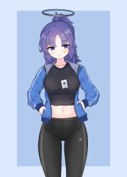 1girl alternate_hairstyle black_shirt blue_archive blue_jacket breasts collarbone crop_top gym_uniform halo hands_in_pockets highres hrna id_card jacket long_hair medium_breasts midriff navel pants ponytail purple_eyes purple_hair shirt sidelocks simple_background smile star_(symbol) star_sticker track_jacket unzipped yoga_pants yuuka_(blue_archive) yuuka_(track)_(blue_archive)