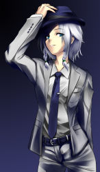 1girl alternate_costume arm_behind_back belt blue_eyes braid buckle contemporary fedora female_focus formal_clothes grin hand_on_headwear hat highres izayoi_sakuya k2isu mafia necktie pant_suit pants short_hair silver_hair smile solo suit touhou twin_braids