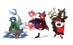 3girls animal_ears aura bamboo black_boots black_neckerchief black_shirt blue_eyes blue_hair blue_ribbon boots breasts brown_hair cape chest_jewel collared_cape double_dealing_character dress drill_hair finger_to_cheek fingernails fins fish_tail floating_head frilled_dress frilled_kimono frilled_sleeves frills gem green_kimono hair_ribbon head_fins highres imaizumi_kagerou japanese_clothes jewelry kimono layered_dress leaf long_hair long_sleeves looking_at_viewer medium_hair mermaid monster_girl multicolored_dress multiple_girls multiple_heads neckerchief night night_sky obi off-shoulder_dress off_shoulder on_rock open_hand outstretched_arm pleated_skirt red_brooch red_cape red_dress red_eyes red_hair red_shoes red_skirt ribbon rock sash sekibanki sharp_fingernails shirt shoes signature simple_background skirt sky smile standing standing_on_one_leg star_(sky) starry_sky tail touhou twin_drills wakasagihime water waves werewolf white_background white_dress wide_sleeves wolf_ears wolf_girl yoiy_san