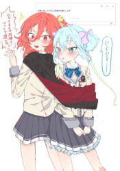 Rule 34 | 2girls, black cape, black skirt, blazer, blue bow, blue bowtie, blue eyes, blue hair, bow, bowtie, cape, collared shirt, diagonal-striped bow, diagonal-striped bowtie, diagonal-striped clothes, double-parted bangs, double bun, dress shirt, frilled skirt, frills, hair between eyes, hair bow, hair bun, hair ribbon, highres, jacket, long sleeves, medium hair, miniskirt, multiple girls, noameru, one side up, ongeki, ousaka akane, pleated skirt, purple bow, red cape, red eyes, red hair, ribbon, school uniform, shirt, skirt, striped bow, striped clothes, suzushima arisu, thighhighs, twintails, two-sided cape, two-sided fabric, white jacket, white shirt, yellow ribbon, yuri, zettai ryouiki