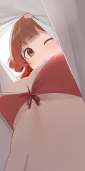 1girl ;o bikini blunt_bangs breasts brown_hair cleavage commentary from_inside front-tie_bikini_top front-tie_top gakuen_idolmaster gradient_hair hanami_ume highres hiroki_(yyqw7151) idolmaster medium_breasts multicolored_hair one_eye_closed orange_hair red_bikini shirt solo swimsuit underboob upper_body white_shirt