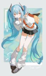 Rule 34 | 1girl, absurdres, black horns, black skirt, borrowed character, breasts, cellphone, closed mouth, full body, hands up, highres, holding, holding phone, hood, hoodie, horns, leaning forward, long hair, looking at viewer, loose socks, morello (morellostorment), orange eyes, original, phone, shikina (mochigushi ), signature, skirt, sleeves past fingers, sleeves past wrists, smartphone, socks, solo, thighs, twintails, very long hair, w, white hoodie, white socks