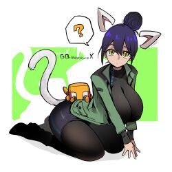 Rule 34 | 1girl, ?, animal ears, black boots, black hair, black pantyhose, black shirt, black skirt, boots, breasts, cat ears, cat girl, cat tail, conch (gundam), detached ears, ditienan ddn, green jacket, gundam, gundam gquuuuuux, hair bun, jacket, large breasts, long sleeves, looking at viewer, non-humanoid robot, nyaan (gundam gquuuuuux), open clothes, open jacket, pantyhose, pencil skirt, robot, shirt, sitting, skirt, speech bubble, spoken question mark, tail, white background, yellow eyes