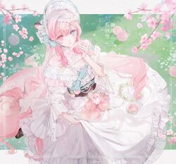 Rule 34 | bare shoulders, belt, bonnet, bow, cleavage cutout, clothing cutout, curly hair, dress, food, frilled sleeves, frills, fruit, green bow, green eyes, hairband, hands up, heterochromia, highres, holding, holding food, holding fruit, jewelry, juliet sleeves, lolita fashion, lolita hairband, long dress, long hair, long sleeves, looking at viewer, meadow, necklace, original, peach, peach blossom, pearl necklace, pink eyes, pink hair, puffy sleeves, rumm22, sweet lolita, white dress