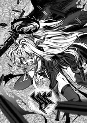 Rule 34 | 1girl, absurdres, ahoge, blood, blood on face, blue archive, clenched teeth, coat, coat on shoulders, commentary, cross, fighting stance, forehead, fur-trimmed coat, fur trim, gehenna academy logo, greyscale, gun, hair ribbon, hakai (fgzr2275), halo, highres, hina (blue archive), injury, iron cross, long hair, long sleeves, looking at viewer, machine gun, mg42, military uniform, monochrome, nosebleed, open clothes, open coat, parted bangs, pencil skirt, ribbon, shell casing, side slit, sidelocks, skirt, solo, teeth, thighhighs, v-shaped eyebrows, wavy hair, weapon, zettai ryouiki