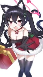 1girl alternate_costume animal_ear_fluff animal_ears ao_(mintz) bare_shoulders black_gloves black_hair black_thighhighs blue_archive blurry blurry_foreground blush box breasts cat_ears cat_girl christmas depth_of_field dress elbow_gloves embarrassed extra_ears fang fur_trim gift gift_box gloves green_ribbon hair_ribbon halo highres holding holding_gift long_hair looking_at_viewer open_mouth pink_halo red_dress red_eyes ribbon santa_costume serika_(blue_archive) solo sweat thighhighs twintails very_long_hair