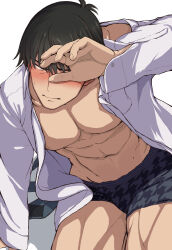Rule 34 | 1boy, abs, absurdres, arm up, bare pectorals, black hair, black male underwear, blush, closed mouth, collared shirt, commentary request, covering one eye, embarrassed, fingernails, from above, highres, idolmaster, idolmaster cinderella girls, long sleeves, looking at viewer, male focus, male underwear, morino shoutarou, muscular, muscular male, navel, necktie, no pants, open clothes, open shirt, pectorals, print male underwear, producer (idolmaster), producer (idolmaster cinderella girls anime), sanpaku, shirt, short hair, simple background, sitting, solo, underwear, unworn necktie, white background, white shirt