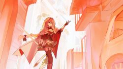 absurdres arm_guards astolfo_(fate) black_bow black_gloves black_thighhighs boots bow braid carternanmen cloak fate/apocrypha fate/grand_order fate_(series) fur-trimmed_cloak fur_trim gloves hair_bow hair_intakes highres holding holding_sword holding_weapon knee_boots long_hair multicolored_cloak multiple_hair_bows red_cloak single_braid sword thighhighs trap weapon white_cloak zettai_ryouiki