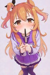 1girl animal_ears blush bow breasts collarbone commentary_request food food_in_mouth from_above hair_between_eyes hair_ornament holding holding_food horse_ears horse_girl horse_tail incoming_pocky_kiss long_hair long_sleeves looking_at_viewer mayano_top_gun_(umamusume) orange_eyes orange_hair pleated_skirt pocky pocky_day potarou_pomi purple_shirt purple_skirt purple_thighhighs sailor_collar school_uniform shirt simple_background skirt small_breasts solo sweat tail thighhighs tracen_school_uniform twiddling_fingers twitter_username two_side_up umamusume white_background