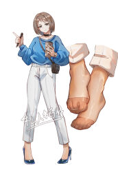 1girl brown_eyes brown_hair feet highres light_smile looking_at_viewer medium_hair pen see-through_clothes see-through_legwear sqh510 toes