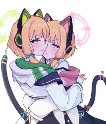 ! 2girls absurdres animal_ear_headphones animal_ear_hood animal_ears artist_name blonde_hair blue_archive blue_bow blue_necktie blunt_bangs blush bow cat_ear_headphones cat_tail collared_shirt commentary english_commentary face-to-face fake_animal_ears fake_tail flustered from_behind green_eyes green_halo green_jacket hair_bow halo hand_up headphones heart highres holding_another&#039;s_tail hood hood_down hooded_jacket hug incest jacket long_sleeves looking_at_viewer looking_back looking_to_the_side low-tied_sidelocks midori_(blue_archive) momoi_(blue_archive) multicolored_jacket multiple_girls necktie open_mouth pink_eyes pink_halo pink_jacket profile puffy_long_sleeves puffy_sleeves red_bow school_uniform shadow shirt short_hair siblings sidelocks sideways_mouth signature simple_background sisters sleeves_past_wrists sunggou suspenders suspenders_slip tail tail_bow tail_ornament tail_raised twincest twins upper_body v white_background white_jacket white_shirt wide_sleeves yuri