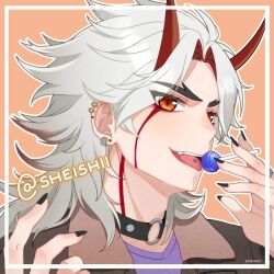 Rule 34 | 1boy, alternate costume, arataki itto, artist name, black nails, brown jacket, candy, collar, earrings, food, genshin impact, grey hair, horns, jacket, jewelry, lollipop, long hair, oni horns, orange background, orange eyes, sheishii, tongue, tongue out, twitter username