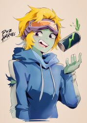 1boy :d absurdres androgynous arm_at_side axiaoxiaowandou blonde_hair blue_eyes blue_hoodie broken_tooth can chinese_commentary colored_skin commentary_request copyright_name cropped_torso downturned_eyes drawstring drink_can energy_drink energy_drink_zombie fingernails grey_skin hand_up highres hood hood_down hoodie long_sleeves male_focus monster_energy open_mouth orange-tinted_eyewear plants_vs._zombies plants_vs._zombies_heroes short_hair single_vertical_stripe smile solo teeth tinted_eyewear tongue torn_clothes torn_hoodie