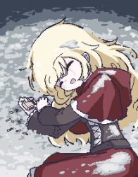 1girl ^_^ andersen&#039;s_fairy_tales blonde_hair brown_corset capelet chibikki closed_eyes commentary corset cross-laced_clothes cross-laced_corset highres holding holding_matchbox little_match_girl long_hair long_sleeves lying matchbox matches on_ground on_side open_mouth outdoors pixel_art red_capelet red_skirt skirt smile snow solo