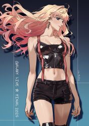 Rule 34 | 1girl, black shorts, blonde hair, blue eyes, breasts, cleavage, crop top, cropped shirt, earrings, gradient hair, highres, jewelry, long hair, macross, macross frontier, midriff, multicolored hair, navel, pink hair, ryu (masu nantoka-san), sheryl nome, shorts, simple background, solo, stomach, strap, thighs