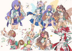 6+girls airani_iofifteen animal_ears anya_melfissa asymmetrical_legwear ayunda_risu blonde_hair blue_hair blue_skirt brown_hair closed_eyes color-coded colored_inner_hair colored_skin commentary confetti cropped_shirt dancing double_bun gradient_eyes gradient_hair grey_hair grey_skin hair_bun highres hololive hololive_idol_uniform_(bright) hololive_indonesia idol_clothes index_finger_raised kneehighs kureiji_ollie layered_sleeves long_hair long_sleeves looking_at_viewer ludwigtk miniskirt mismatched_legwear moona_hoshinova multicolored_eyes multicolored_hair multicolored_shorts multicolored_skin multiple_girls multiple_views official_alternate_costume patchwork_skin pavolia_reine pink_hair pointing purple_eyes purple_hair purple_skirt red_hair short_over_long_sleeves short_sleeves shorts side_ponytail side_up_bun skirt socks squirrel_ears squirrel_girl squirrel_tail stitched_face stitches tail two-tone_hair two-tone_skin two_side_up very_long_hair virtual_youtuber waving white_shorts white_skin yellow_eyes zombie