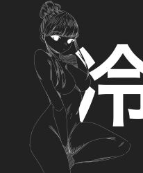 1girl bare_shoulders between_legs black_background blunt_bangs blush bodysuit breasts cleavage closed_mouth collarbone completely_nude dark-skinned_female dark_skin elbow_gloves full_body glasses gloves greyscale hair_bun hair_ornament hand_between_legs hectorrambito highres jewelry large_breasts lips long_hair looking_at_viewer mask medium_breasts mole mole_under_mouth monochrome mouth_mask navel nipples no_nipples nude original parted_lips short_hair sidelocks simple_background single_hair_bun sitting skin_tight smile solo standing thick_thighs thighhighs thighs translation_request