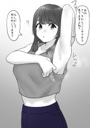 1girl absurdres arm_up armpits commentary_request crop_top gradient_background highres looking_at_viewer medium_hair monochrome original sleeveless solo speech_bubble standing sweat tantanmen72 translation_request