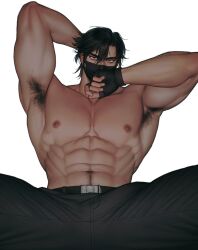 1boy abs armpit_hair armpits bara belt brown_hair highres indie_virtual_youtuber jigeumgat-igaja_(ni_yoll) kite_hasegawa male_focus mask muscular pubic_hair yellow_eyes