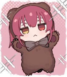 Rule 34 | 1girl, animal costume, bear costume, chibi, full body, heterochromia, highres, hololive, houshou kumarine, houshou marine, pink background, red eyes, red hair, simple background, solo, sparkle, virtual youtuber, yellow eyes, yuzuyukiha