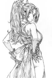 1girl ass breasts expressionless fatal_fury fingerless_gloves gloves hands_on_own_hips highres japanese_clothes large_breasts long_hair looking_at_viewer looking_back monochrome ponytail shiranui_mai sideboob sketch snk solo the_king_of_fighters traditional_media