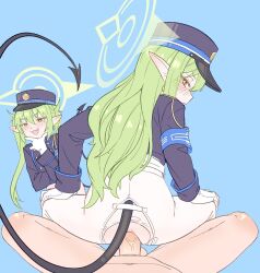 1boy 2girls armband ass black_hat black_jacket blue_archive blue_armband blue_background clothed_sex demon_tail earrings girl_on_top gloves green_hair green_halo halo hat hetero highres hikari_(blue_archive) jacket jewelry long_hair long_sleeves looking_at_viewer looking_back multiple_girls nozomi_(blue_archive) open_mouth pantyhose penis pointy_ears pov reverse_cowgirl_position sex siblings single_earring sisters smile straddling tail torn_clothes torn_pantyhose twintails uncensored vaginal vibrantrida white_gloves white_pantyhose yellow_eyes