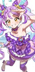 1girl arm_up blue_hair breasts choker cleavage closed_mouth cure_kyunkyun dress frilled_dress frills highres kimi_to_idol_precure long_hair looking_at_viewer mo_(boo1719501boo) multicolored_hair precure purple_choker purple_dress purple_hair purple_thighhighs shigure_kokoro small_breasts smile solo thighhighs two-tone_hair very_long_hair yellow_eyes