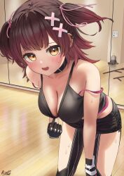 Rule 34 | 1girl, artist name, breasts, brown eyes, brown hair, camisole, cleavage, collar, earrings, hair ornament, hair ribbon, hairclip, highres, hololive, jewelry, looking at viewer, medium breasts, mirror, multiple earrings, nattoushouyu3, open mouth, ribbon, roboco-san, roboco-san (open pink hoodie), shorts, smile, solo, sweat, two side up, virtual youtuber, x hair ornament