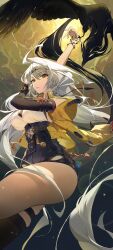 1girl absurdres arm_up asymmetrical_gloves bird black_bird black_unitard commentary elbow_gloves from_below gloves grey_hair high-waist_shorts highres jacket kuji-in long_hair ninebell shorts single_elbow_glove single_hair_intake single_thighhigh skindentation solo thigh_strap thighhighs thighs uneven_gloves very_long_hair yellow_eyes yellow_jacket yin_yang_pin yixuan_(zenless_zone_zero) zenless_zone_zero
