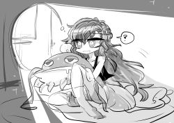 1girl ? barefoot catfish drooling fish food-themed_hair_ornament food_themed_hair_ornament futon greyscale hair_ornament hinanawi_tenshi indoors long_hair messy_hair monochrome peach_hair_ornament pillow round_window sleepwalking stuffed_animal stuffed_toy sunlight touhou very_long_hair waking_up window yt_(wai-tei)