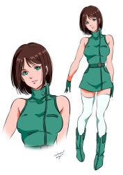 1girl aeug alternate_legwear boots breasts brown_hair emma_sheen gloves green_boots green_eyes gundam highres lips looking_at_viewer military military_uniform multiple_views pgmajimaji short_hair signature sleeveless smile solo thighhighs white_background white_thighhighs zeta_gundam