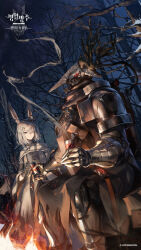 1boy 1girl animal_ears arknights armor armored_boots artist_request black_gloves boots campfire can cape closed_mouth coat drink_can fire frostnova_(arknights) full_armor gauntlets giving_food gloves grey_eyes hair_ornament hair_over_one_eye hairpin helmet highres holding holding_can korean_commentary long_hair looking_at_another multiple_hairpins night official_art outdoors patriot_(arknights) rabbit_ears rabbit_tail shoulder_armor sitting smile smoke tail tree watermark white_cape white_coat