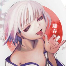 1girl absurdres bare_shoulders commentary_request ear_piercing flat_chest forked_tongue highres japanese_clothes kimono lacker_strike_(akkira_setsu) looking_at_viewer new_year off_shoulder open_mouth original piercing pink_eyes short_hair smile solo tongue tongue_out upper_body white_hair white_kimono