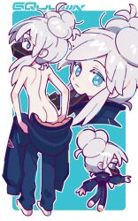 1girl back barefoot blue_background blue_eyes border butt_crack chibi closed_mouth colored_eyelashes commentary copyright_name deux_murasame freckles full_body grey_hair gundam gundam_gquuuuuux highres long_hair looking_at_viewer looking_back mask mecha_pilot_suit mouth_mask multiple_views purple_pupils simple_background snow_light standing updo white_border white_eyelashes
