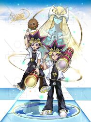1girl 2boys bare_shoulders black_hair black_shirt blonde_hair blue_dress blue_skin bracelet breasts cleavage colored_skin dress duel_monster full_body group_picture jewelry kuriboh lrseeywpipi medium_hair millennium_puzzle missing_commentary multicolored_hair multiple_boys mystical_elf open_clothes open_shirt pendant purple_eyes purple_hair shirt signature spiked_hair star_(symbol) white_shirt yu-gi-oh! yu-gi-oh!_duel_monsters