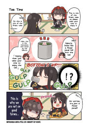 !? 2girls 4koma absurdres comic cup english_text goddess_of_victory:_nikke highres japanese_clothes moran_(nikke) multiple_girls official_art sakura_(nikke) tea teacup totatokeke