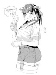 1girl :p absurdres animal_ear_hairband animal_ears animal_print bell blush breasts closed_mouth collared_shirt cow_ear_hairband cow_ears cow_girl cow_horns cow_print cowbell denim denim_shorts dress_shirt earrings fake_animal_ears fake_horns food food_on_face futao_miruku_(riki) hair_ribbon hairband hand_up highres holding holding_food holding_ice_cream holding_ice_cream_cone hoop_earrings horn_hairband horns ice_cream ice_cream_cone ice_cream_on_face jewelry large_breasts long_hair mole mole_under_eye neck_bell original ribbon riki_(riki_unc) shirt shirt_tucked_in short_shorts short_sleeves shorts sidelocks simple_background solo thighhighs tongue tongue_out twintails white_background wristband