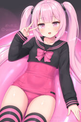 1girl :d artist_name black_sailor_collar black_shirt blunt_bangs blush bow bowtie breasts collarbone commentary_request covered_navel dot_nose highres long_hair long_sleeves looking_at_viewer one-piece_swimsuit open_mouth original pink_bow pink_bowtie pink_eyes pink_hair pink_one-piece_swimsuit pink_theme sailor_collar sasaame shirt sidelocks signature small_breasts smile solo striped_clothes striped_thighhighs swimsuit thighhighs twintails twitter_username very_long_hair