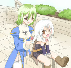 2girls :d alchemist_(ragnarok_online) alternate_color back_bow blue_dress blush boots bow breasts brooch brown_boots brown_cape brown_eyes brushing_another&#039;s_hair brushing_hair cape comb commentary_request detached_sleeves dress fang flat_chest foot_out_of_frame frilled_thighhighs frills fur_collar garter_straps green_hair grey_dress hair_ornament hairclip high_priest_(ragnarok_online) holding holding_comb jaggy_lines jewelry juliet_sleeves kicking long_hair long_sleeves looking_at_another medium_breasts multiple_girls open_mouth outdoors panties pantyshot poring puffy_sleeves purple_sleeves rafoll ragnarok_online short_hair sitting smile strapless strapless_dress thighhighs two-tone_dress underwear white_bow white_dress white_hair white_thighhighs