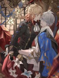 Rule 34 | 2boys, alternate costume, antenna hair, ascot, black gloves, black jacket, black pants, blonde hair, blue cape, blue eyes, braid, cape, collared shirt, commentary request, facial tattoo, gloves, gradient hair, hair between eyes, half gloves, hand on another&#039;s hip, highres, honkai: star rail, honkai (series), jacket, long sleeves, looking at viewer, male focus, medium hair, multicolored hair, multiple boys, mydei (honkai: star rail), on lap, pants, partially fingerless gloves, phainon (honkai: star rail), red hair, red shirt, red tattoo, saket2024, shirt, short hair, side braid, sitting, sitting on lap, sitting on person, tattoo, white ascot, white hair, white jacket, white pants, white shirt, yaoi, yellow eyes