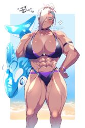 Rule 34 | 1girl, ?, abs, armband, beach, bikini, blonde hair, blue eyes, blue hair, bracelet, breasts, character request, cleavage, collar, cowboy shot, gram quartz, highres, inflatable dolphin, inflatable toy, jewelry, large breasts, long hair, looking at viewer, multiple scars, muscular, muscular female, original, scar, speech bubble, swimsuit, translation request