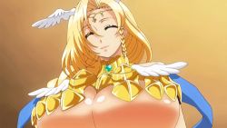1boy 1girl animated animated_gif between_breasts blonde_hair bouncing_breasts breasts bursting_breasts face_to_breasts gigantic_breasts head_between_breasts heterochromia long_hair lowres nanatsu_no_bitoku sariel_(nanatsu_no_bitoku) talking underboob