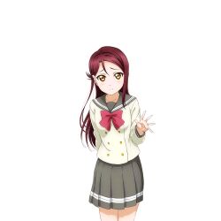 Rule 34 | 1girl, anime coloring, arm behind back, blush, bow, bowtie, buttons, closed mouth, collarbone, cowboy shot, double-breasted, grey sailor collar, grey skirt, hair ornament, hairclip, half updo, hand up, long hair, long sleeves, looking at viewer, love live!, love live! school idol festival, love live! sunshine!!, official art, open hand, palms, pleated skirt, raised inner eyebrows, red bow, red bowtie, red hair, sailor collar, sakurauchi riko, school uniform, serafuku, shirt, skirt, solo, spread fingers, standing, transparent background, uranohoshi school uniform, white shirt, winter uniform, yellow eyes