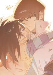 Rule 34 | absurdres, black hair, blue eyes, brothers, brown hair, coat, dated, highres, hug, kaiba mokuba, kaiba seto, long hair, moemoenomori, siblings, simple background, upper body, vest, white background, white coat, yellow vest, yu-gi-oh!, yu-gi-oh! duel monsters