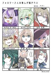 animal animal_ears animal_on_head aqua_eyes bird bird_on_head black_hat blonde_hair blue_eyes brown_hair commentary_request crow_(la+_darknesss) elaina_(majo_no_tabitabi) eyeliner eyes_visible_through_hair eyewear_on_head facial_mark fangs fate/grand_order fate_(series) followers_favorite_challenge forehead_mark genshin_impact glasses green_hair grey_hair grin hair_ornament hairclip hat highres hilichurl_(genshin_impact) himeko_(nico6v6pachi) holding holding_shield hololive horse_ears horse_girl hyuuga_masamune idolmaster idolmaster_shiny_colors jin_yuuichi koyanskaya_(fate) koyanskaya_(foreigner)_(third_ascension)_(fate) la+_darknesss majo_no_tabitabi makeup mask multicolored_hair multiple_drawing_challenge on_head purple_hair red_eyeliner school_uniform seiun_sky_(umamusume) serafuku serizawa_asahi shield smile streaked_hair tamamo_(fate) touken_ranbu translation_request two-tone_hair umamusume virtual_youtuber witch_hat world_trigger xiao_(genshin_impact) yellow_eyes