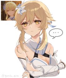 ... 1girl absurdres bare_shoulders blonde_hair breasts cleavage eyelashes fingerless_gloves flower genshin_impact gloves hair_flower hair_ornament half-closed_eyes highres hotaboshi_yazuki looking_to_the_side lumine_(genshin_impact) medium_breasts sidelocks simple_background solo speech_bubble thought_bubble vambraces white_background yaduki100 yellow_eyes