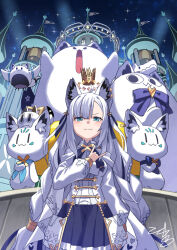 1girl :3 \m/ ahoge animal_ears aqua_eyes blush braid breasts brooch capelet castle closed_mouth commentary_request crown dress facing_viewer flag floating_headgear flower fox_ears fox_girl from_below fubuchun fubuzilla_(shirakami_fubuki) hair_flower hair_ornament hand_up headgear highres hololive jewelry long_hair long_sidelocks long_sleeves medium_breasts miteiru_(shirakami_fubuki) neck_ribbon nejima_kitsune_(shirakami_fubuki) night night_sky official_alternate_costume official_alternate_hairstyle parted_bangs ribbon searchlight shirakami_fubuki shirakami_fubuki_(saint) sidelocks sky star_(sky) straight-on sukonbu_(shirakami_fubuki) tokumaro twin_braids very_long_hair virtual_youtuber white_capelet white_dress white_hair