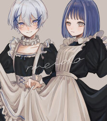 2girls :| aegyo_sal apron black_dress blue_hair blush bright_pupils brown_background choker closed_mouth clothes_pull commentary_request dress frilled_apron frilled_choker frilled_dress frills grey_eyes hair_between_eyes hair_ornament hairclip highres juliet_sleeves long_sleeves looking_at_another medium_hair multicolored_hair multiple_girls original puffy_sleeves purple_eyes romaji_text slit_pupils streaked_hair two-tone_hair white_apron white_choker white_hair white_pupils x_hair_ornament yoruse