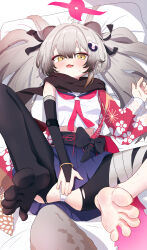 1girl absurdres animal_ears bandaged_leg bandages black_pantyhose black_scarf blue_archive blush bow feet grey_hair hair_between_eyes hair_ribbon halo highres japanese_clothes long_hair looking_at_viewer lying michiru_(blue_archive) neckerchief ninja on_back open_mouth panties pantyhose pink_halo pink_neckerchief porty_ramram raccoon_ears raccoon_girl raccoon_hair_ornament raccoon_tail ribbon scarf soles solo tail toes torn_clothes torn_pantyhose twintails underwear white_panties yellow_eyes