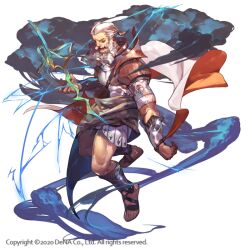 1boy armor beard copyright_notice facial_hair floating floating_object floating_weapon full_body long_beard male_focus official_art open_mouth othellonia sandals short_hair simple_background so-taro solo white_background white_hair zeus_(othellonia)